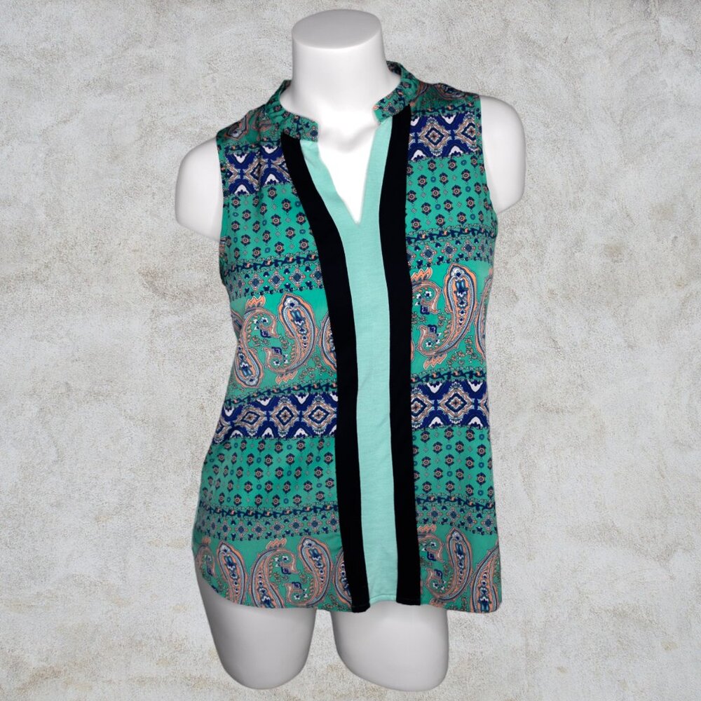 Charming Charlie Peach and Turquoise Paisley Print Sleeveless Womens Blouse